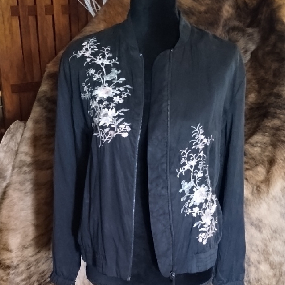 Black and White Floral Embroidered Bomber Jacket